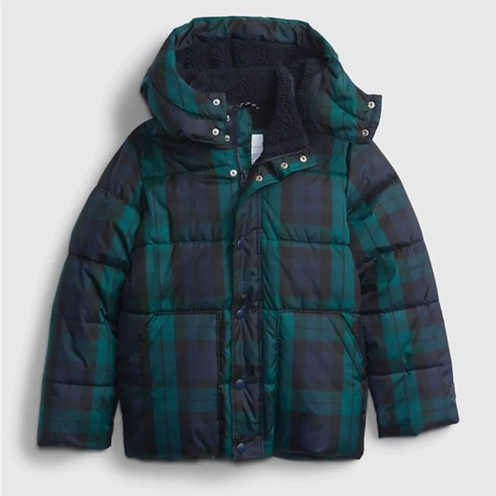 GAP Kids Navy & Green Plaid Fleece-lined Puffer Jacket. Size Large